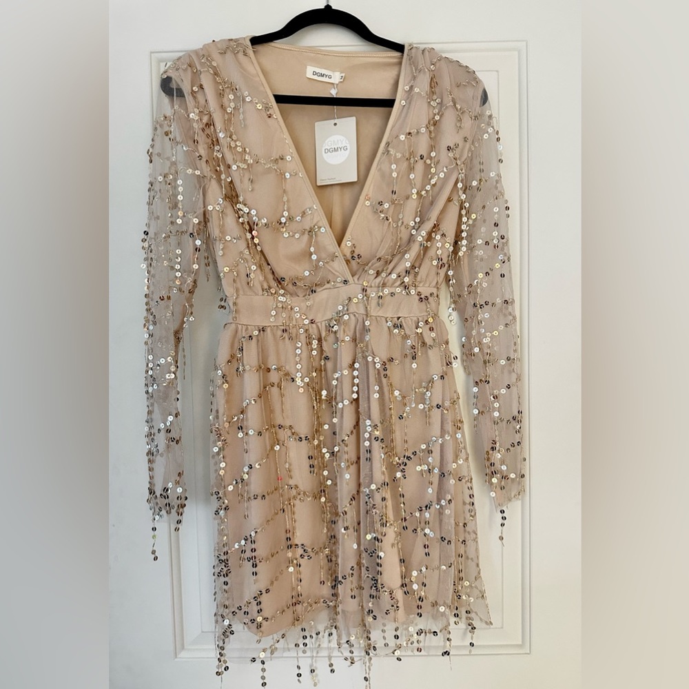 Women's Deep V Neck Sequin Dress Beige